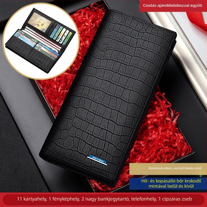 Férfi hosszú pénztárca-klatch, krokodil mintás első rétegű marhabőrből, városi minimalista stílus