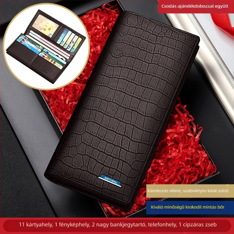 Férfi hosszú pénztárca-klatch, krokodil mintás első rétegű marhabőrből, városi minimalista stílus