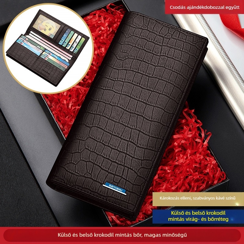 Férfi hosszú pénztárca-klatch, krokodil mintás első rétegű marhabőrből, városi minimalista stílus