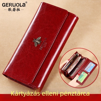 Női hosszú pénztárca valódi bőrből, több kártyatartóval és beépített készpénzklipszel, GRL-Q05 modell, Song Ruola