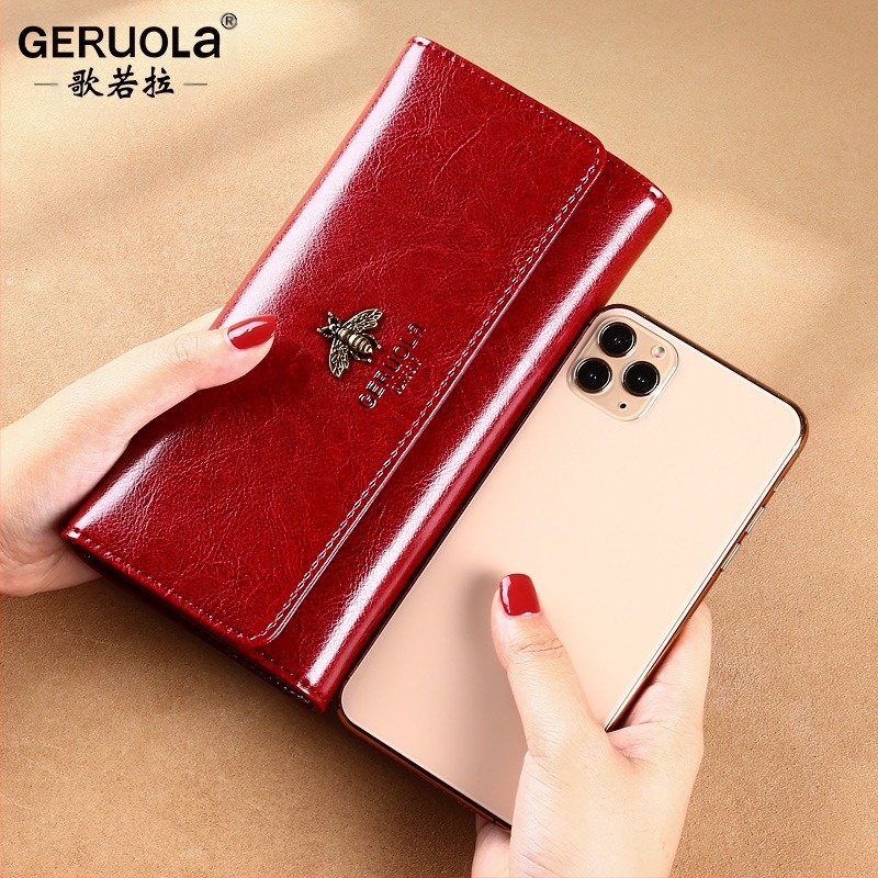 Női hosszú pénztárca valódi bőrből, több kártyatartóval és beépített készpénzklipszel, GRL-Q05 modell, Song Ruola