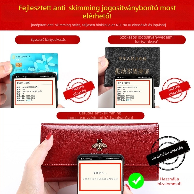 Női hosszú pénztárca valódi bőrből, több kártyatartóval és beépített készpénzklipszel, GRL-Q05 modell, Song Ruola