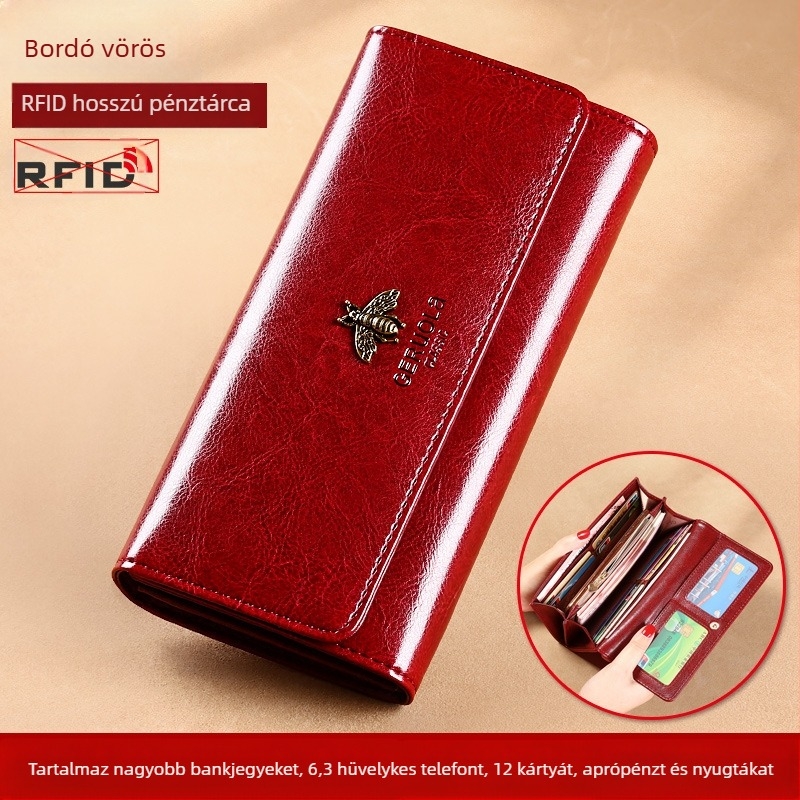 Női hosszú pénztárca valódi bőrből, több kártyatartóval és beépített készpénzklipszel, GRL-Q05 modell, Song Ruola