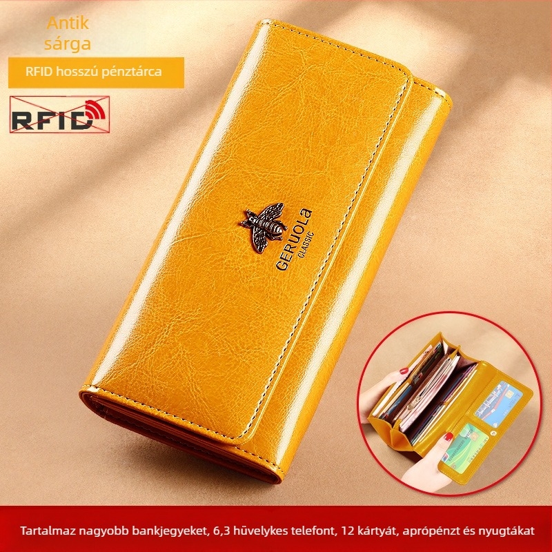 Női hosszú pénztárca valódi bőrből, több kártyatartóval és beépített készpénzklipszel, GRL-Q05 modell, Song Ruola