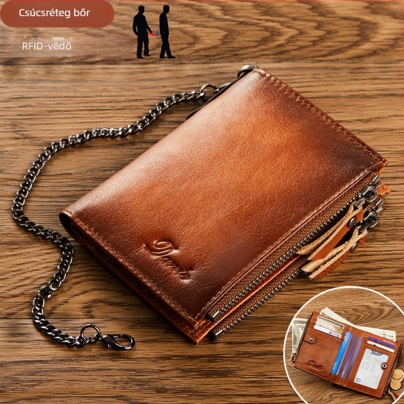 Valódi bőrből készült portfólió felső rétegből RFID védelem, kétoldalas kialakítás, cipzáras aprópénztartó és jogosítvány lánccal, Dante