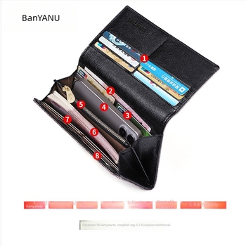 Női hosszú pénztárca valódi bőrből, kétszálas marhabőr konstrukció, csíkos minta, városi minimalizmus stílus, nagy kapacitás és több kártyatartó