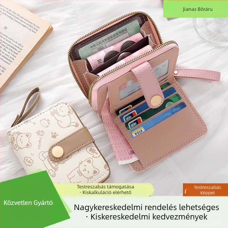 Női japán stílusú csatos rövid pénztárca, PU anyag, Janus márka, anime karikatúra mintázat, friss és édes stílus