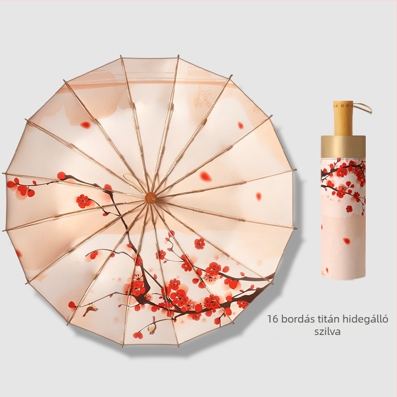 Háromszekációs esernyő, 16 bordával, fa fogantyúval, 210T anyagú vászon, UPF >50, kézi nyitás, japán retró stílus