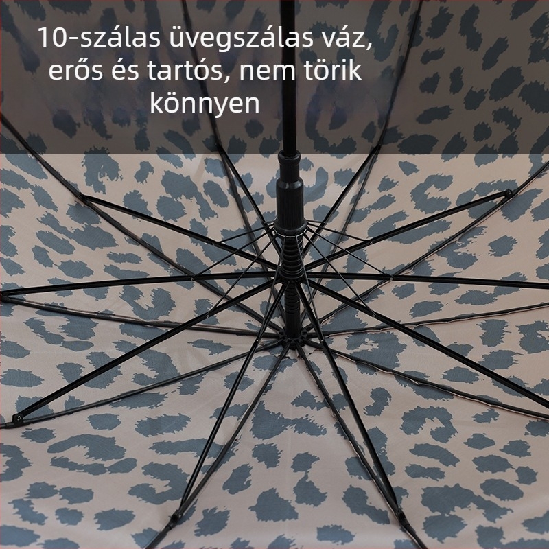 Leopárd mintás retro automata hosszú nyélű esernyő, 10 bordás, szélálló golf esernyő, 210T anyag