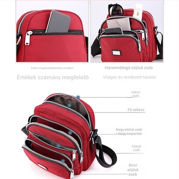 Oxford anyagú crossbody táska, városi letisztultság, kis négyzet alakú, horizontális forma, cipzáras zárás