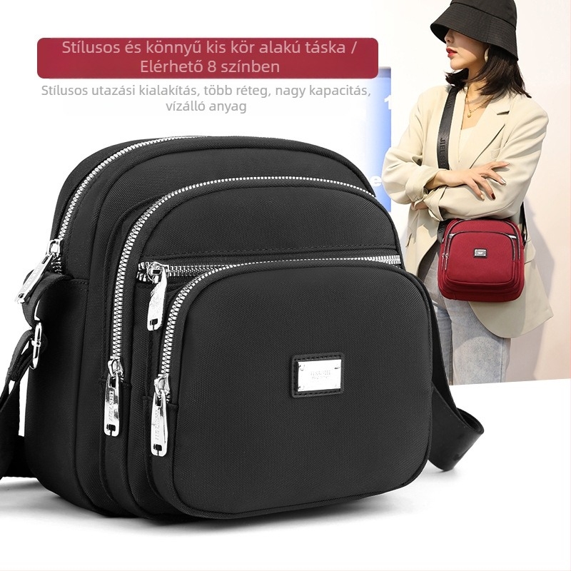 Oxford anyagú crossbody táska, városi letisztultság, kis négyzet alakú, horizontális forma, cipzáras zárás