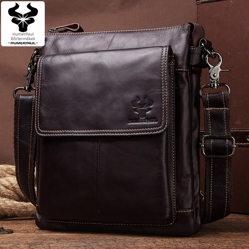 Férfi válltáska valódi bőrből, felső réteg marhabőrből, modell HL-MH553, poliészter bélés, egyszínű dizájn