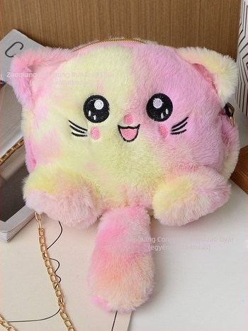 Plüss kerek vállon hordható táska, friss és édes stílus, cipzáros nyitás, szintetikus bőrbélés, 3D dizájn, egy vállpánttal