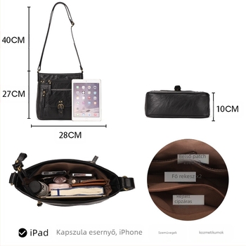 Válltáska - PU anyag, függőleges négyszögletes forma, cipzáras zárás, belső zsebek a telefonhoz és személyi igazolványhoz, KL928