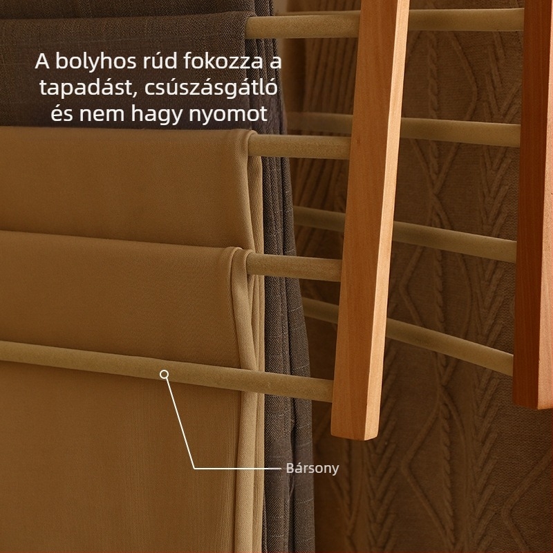 Fából készült filcelt felületű nadrágakasztó, gardróbhoz, többszintű, csúszásmentes