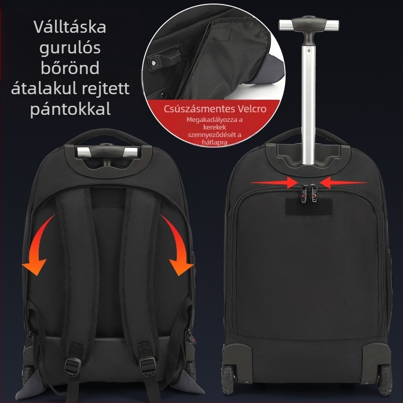 KINGSGEAR Oxford anyagú hátizsák gurulós kerekekkel; légáteresztő, vízálló és kopásálló; gerincvédelem; ívelt vállpánt; iskolai használatra tervezve.