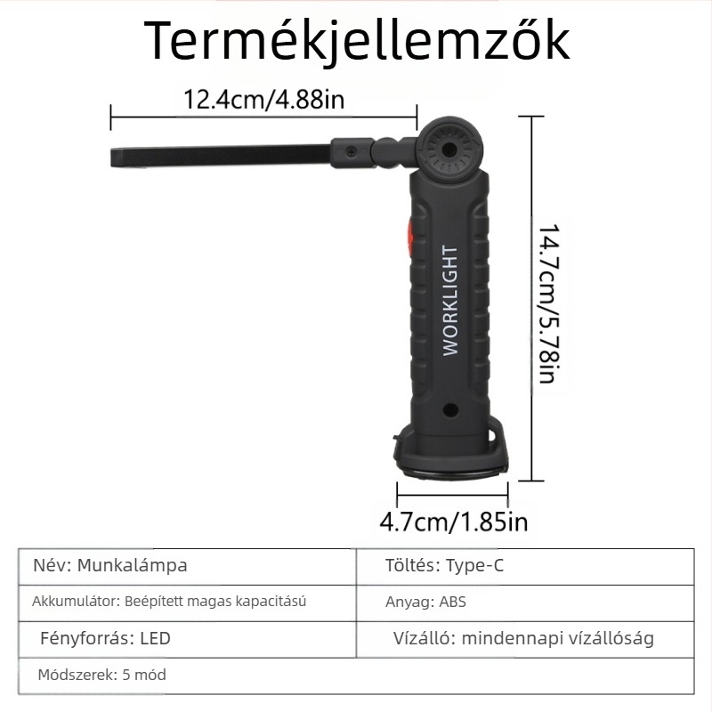 Kültéri hordozható LED munkalámpa – több fényforrású világítás, újratölthető, 10W, 1200mAh, 360° forgás, hatótáv 500 m-ig