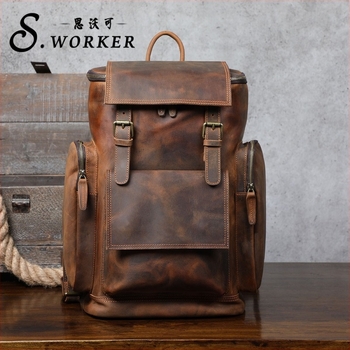 Férfi bőrtáska hátizsák, retro Crazy Horse, top-grain borjúbőr, bővíthető, 15 hüvelykes laptophoz