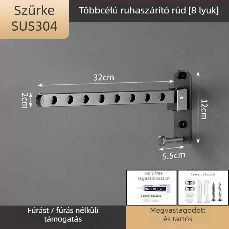 Rozsdamentes acélból készült ruhaszárító akasztó – összecsukható, rögzített kivitel, egyrudas szárítóval
