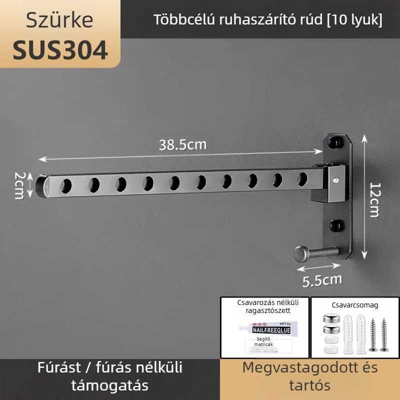 Rozsdamentes acélból készült ruhaszárító akasztó – összecsukható, rögzített kivitel, egyrudas szárítóval