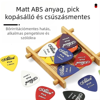 ABS gitárpickek készlet, 100 db, különböző vastagságok 0,58–1,5 mm, dobozban