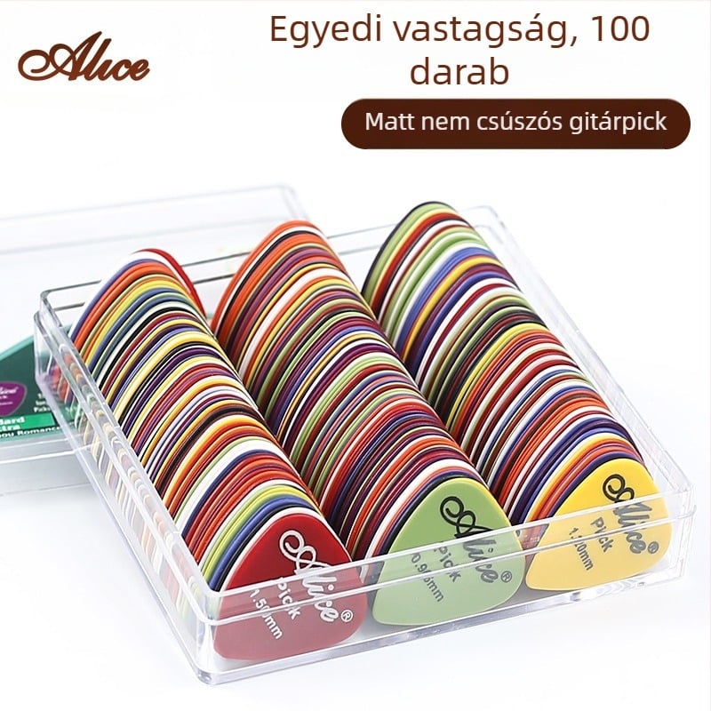 ABS gitárpickek készlet, 100 db, különböző vastagságok 0,58–1,5 mm, dobozban