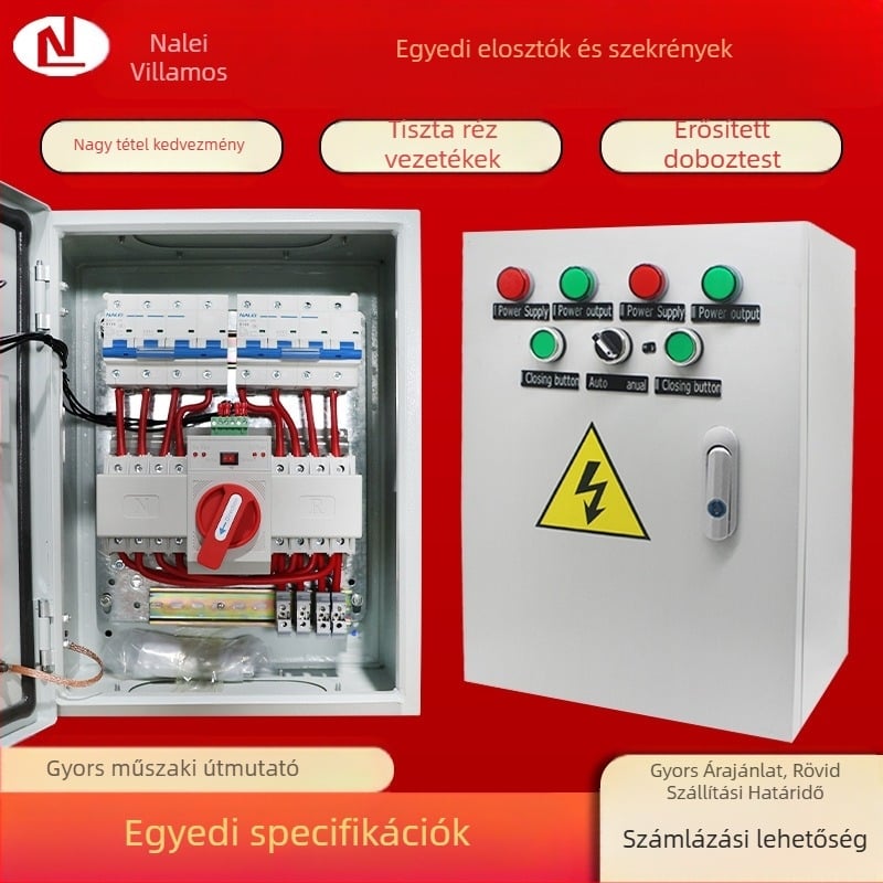 Kétsávos automata átviteli kapcsoló (ATS) 63A 4P — átviteli szekrény vas burkolattal, IP54, CCC tanúsítvány, rövidzárlati záróáram 30