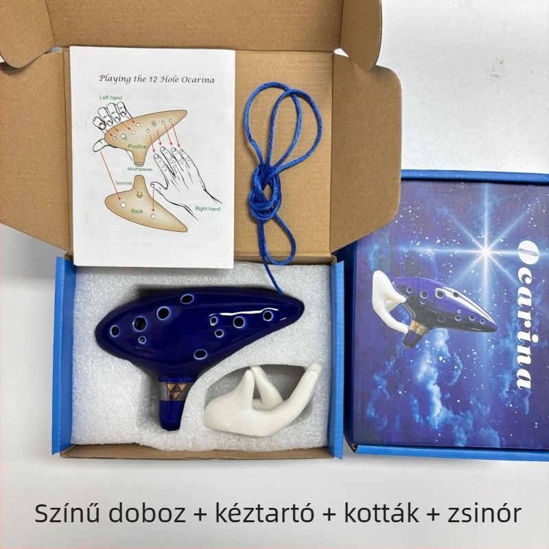 12-lyukas kerámia ocarina C hangnemben, glazúrozott porcelán, forróbélyegzett dísz, kínai stílusú dizájn