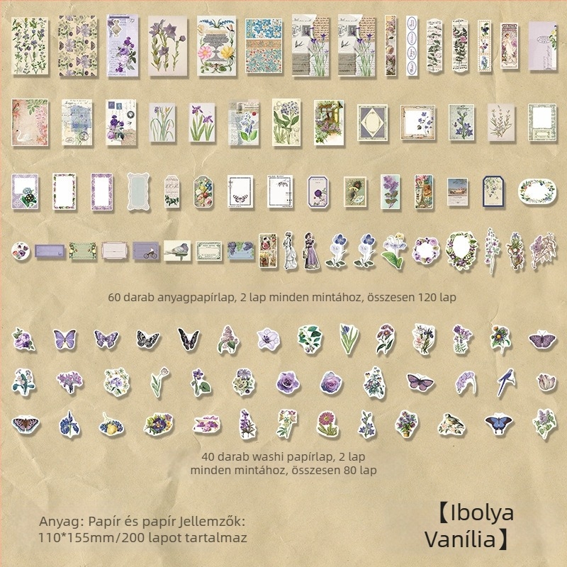 DIY naplóhoz dekoratív alaplap virágmotívumokkal, Infeel.me Flower and Wine sorozat, japán stílusú nyomtatás, 4 dizájn, ragasztásra alkalmas