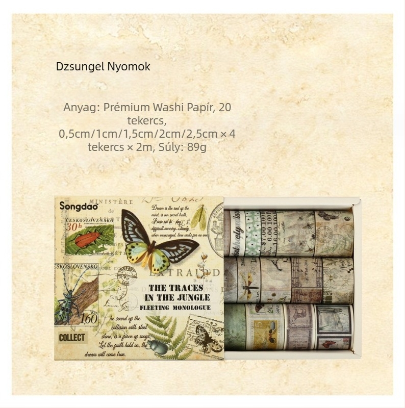 Washi-szalag dobozolt ajándékcsomag – antik/retro stílusú napló- és kollázs készítéséhez, papíralapú DIY anyagokkal és dekoratív matricákkal