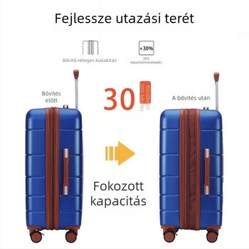 Nagy kapacitású ABS-PC bőrönd TSA-zárral, univerzális kerekek, száraz–nedves elválasztás, telefontartó, bővítés