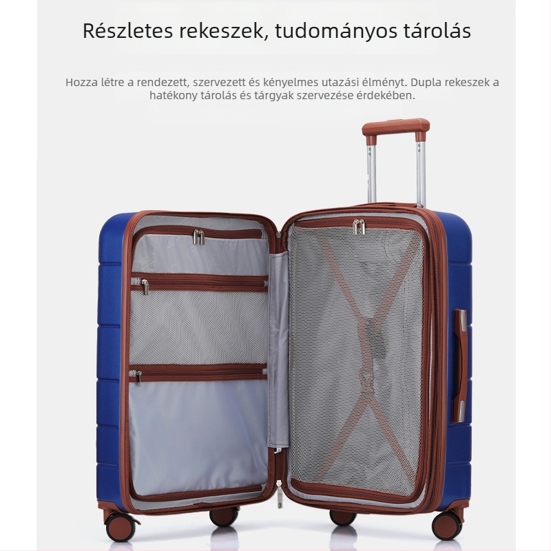 Nagy kapacitású ABS-PC bőrönd TSA-zárral, univerzális kerekek, száraz–nedves elválasztás, telefontartó, bővítés