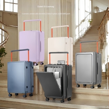 Előnyílású kézipoggyász ABS+PC, TSA kombinációs zár, tág belső tér száraz/nedves elkülönítéssel és önálló elülső rekesz, univerzális kerekek