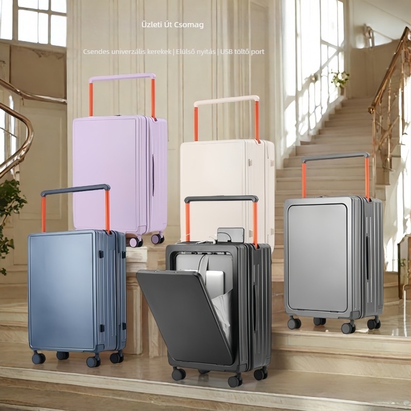 Előnyílású kézipoggyász ABS+PC, TSA kombinációs zár, tág belső tér száraz/nedves elkülönítéssel és önálló elülső rekesz, univerzális kerekek