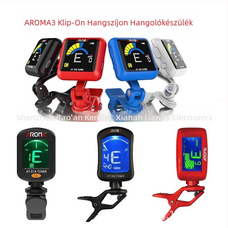 AROMA klip-on hangoló gitárhoz, basszushoz, ukulele-hez és hegedűhöz — Modell AT-2017.01A.101.103.105; Műanyag + Elektronika