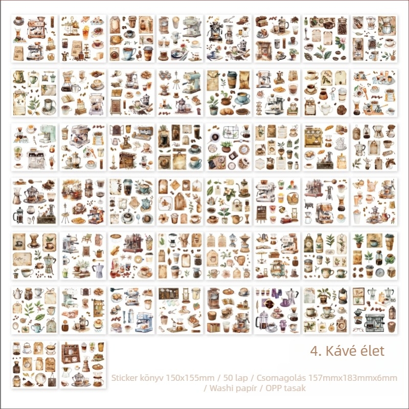 Twilight papír die-cut matricák naplózáshoz – retro stílusú jelenet kunyhóval, erdővel és kávéval, nyomtatott