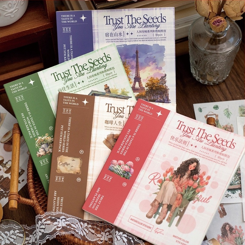 Twilight papír die-cut matricák naplózáshoz – retro stílusú jelenet kunyhóval, erdővel és kávéval, nyomtatott