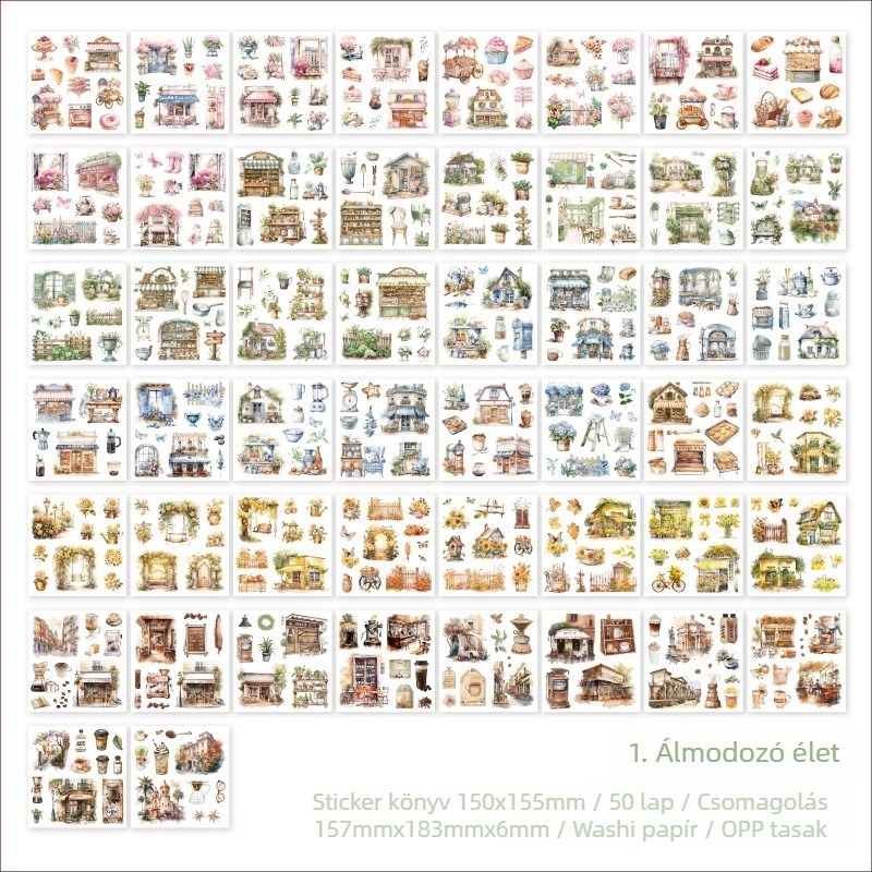 Twilight papír die-cut matricák naplózáshoz – retro stílusú jelenet kunyhóval, erdővel és kávéval, nyomtatott