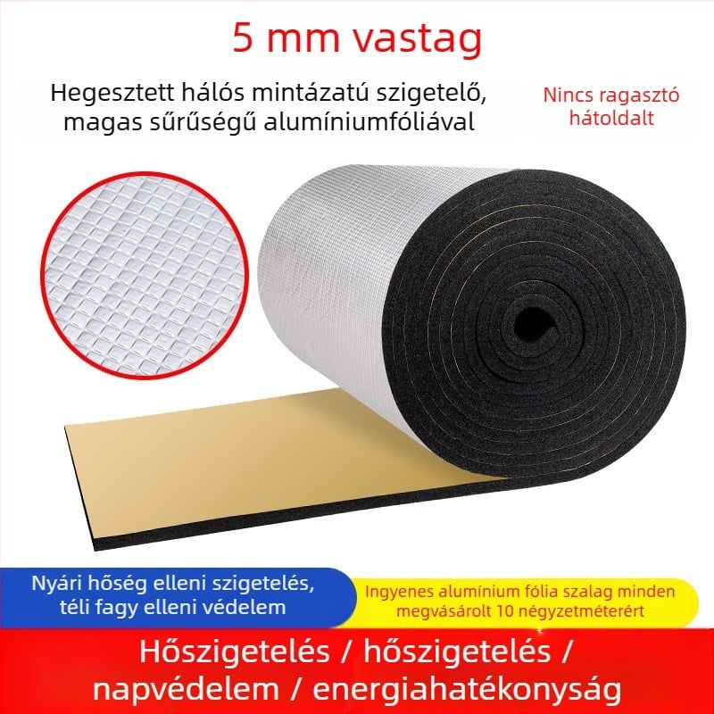 Öntapadós alumíniumfólia szigetelés tetőkhöz – lángálló, hő- és hangszigetelés, 0,035 W/mK hővezetés, B1 osztály, üzemhőmérséklet 200°C, mikroporózus tekercs