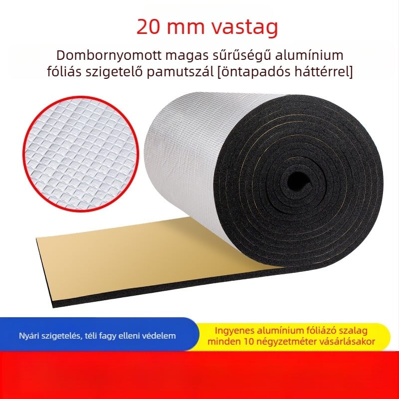 Öntapadós alumíniumfólia szigetelés tetőkhöz – lángálló, hő- és hangszigetelés, 0,035 W/mK hővezetés, B1 osztály, üzemhőmérséklet 200°C, mikroporózus tekercs