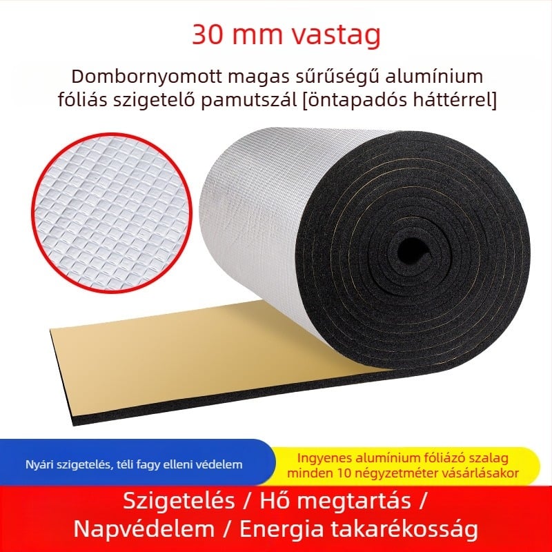 Öntapadós alumíniumfólia szigetelés tetőkhöz – lángálló, hő- és hangszigetelés, 0,035 W/mK hővezetés, B1 osztály, üzemhőmérséklet 200°C, mikroporózus tekercs