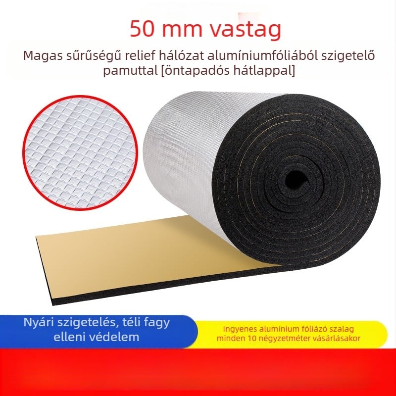 Öntapadós alumíniumfólia szigetelés tetőkhöz – lángálló, hő- és hangszigetelés, 0,035 W/mK hővezetés, B1 osztály, üzemhőmérséklet 200°C, mikroporózus tekercs