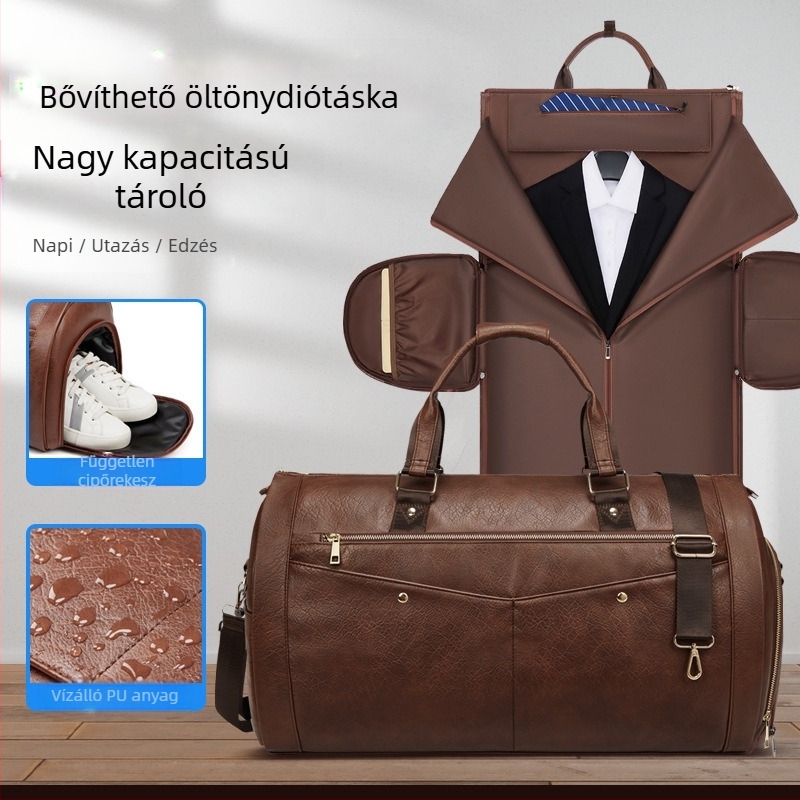 Férfi PU bőr öltönytáska, összecsukható keresztpántos utazótáska, vízálló, 36–55L, poliészter bélés