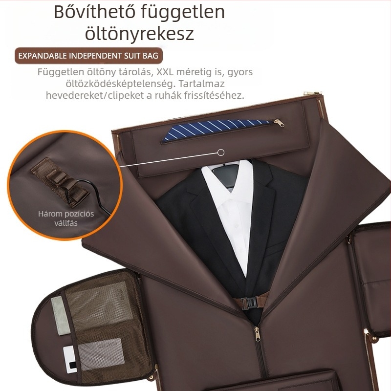 Férfi PU bőr öltönytáska, összecsukható keresztpántos utazótáska, vízálló, 36–55L, poliészter bélés
