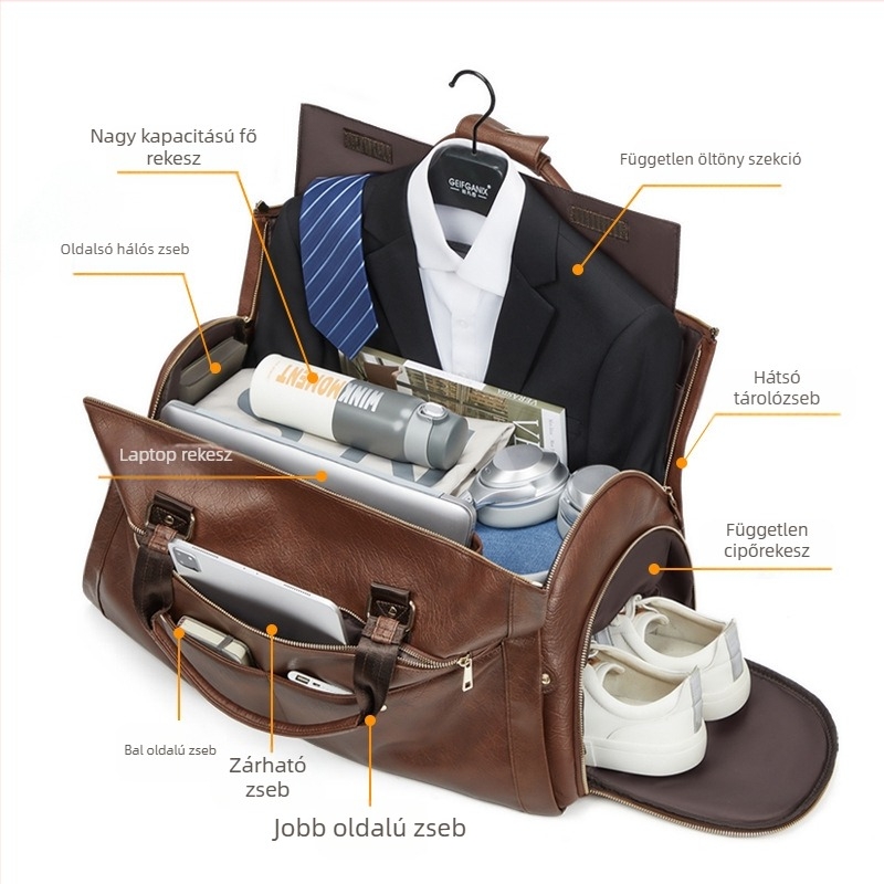 Férfi PU bőr öltönytáska, összecsukható keresztpántos utazótáska, vízálló, 36–55L, poliészter bélés