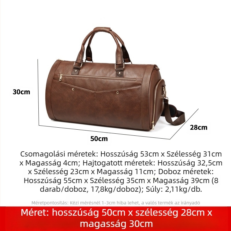 Férfi PU bőr öltönytáska, összecsukható keresztpántos utazótáska, vízálló, 36–55L, poliészter bélés