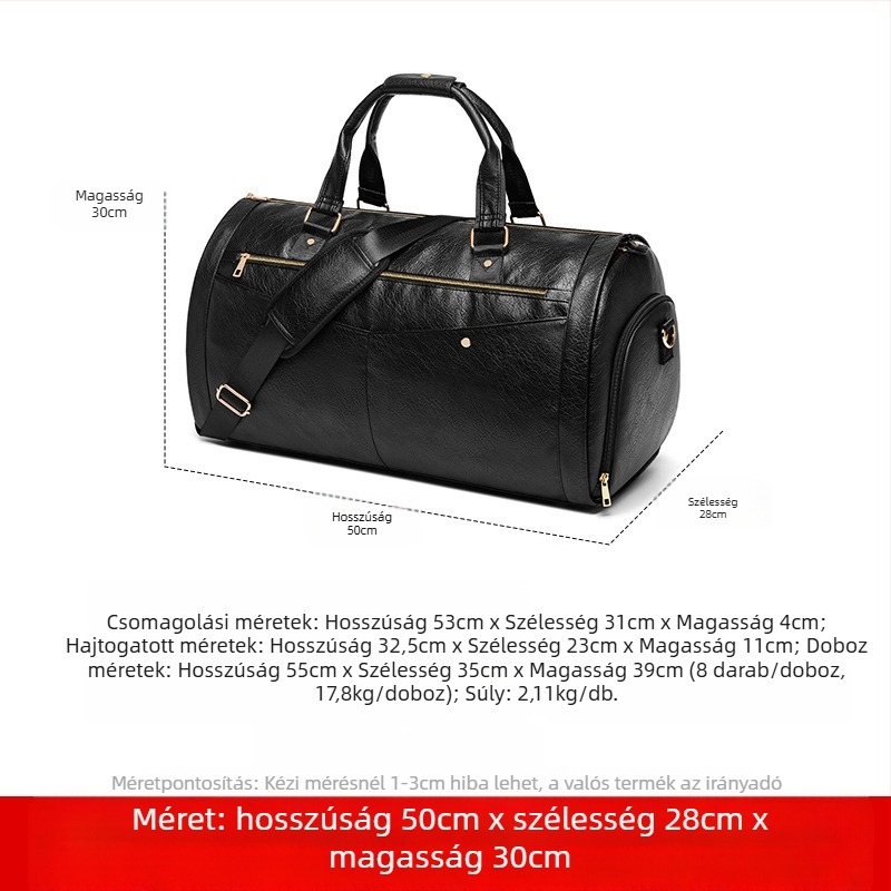 Férfi PU bőr öltönytáska, összecsukható keresztpántos utazótáska, vízálló, 36–55L, poliészter bélés