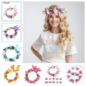 Kézzel készített fejfedő pillangó koszorúval, textile anyagból, boho stílus, esküvőre és koszorúslányoknak