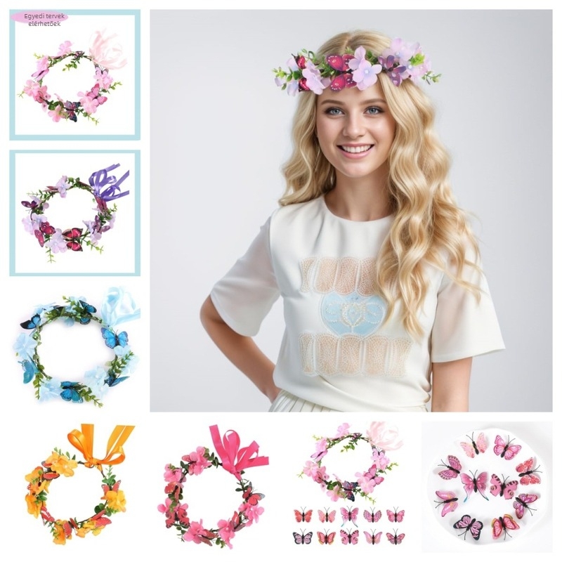 Kézzel készített fejfedő pillangó koszorúval, textile anyagból, boho stílus, esküvőre és koszorúslányoknak