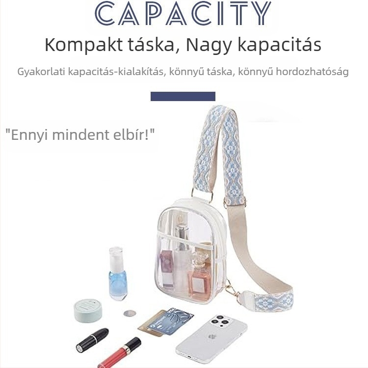 Átlátszó vállon átívelő táska, PVC anyag, utcai divat stílus, vízszintes négyzet alakú, cipzáras nyitás, állítható vállpánt